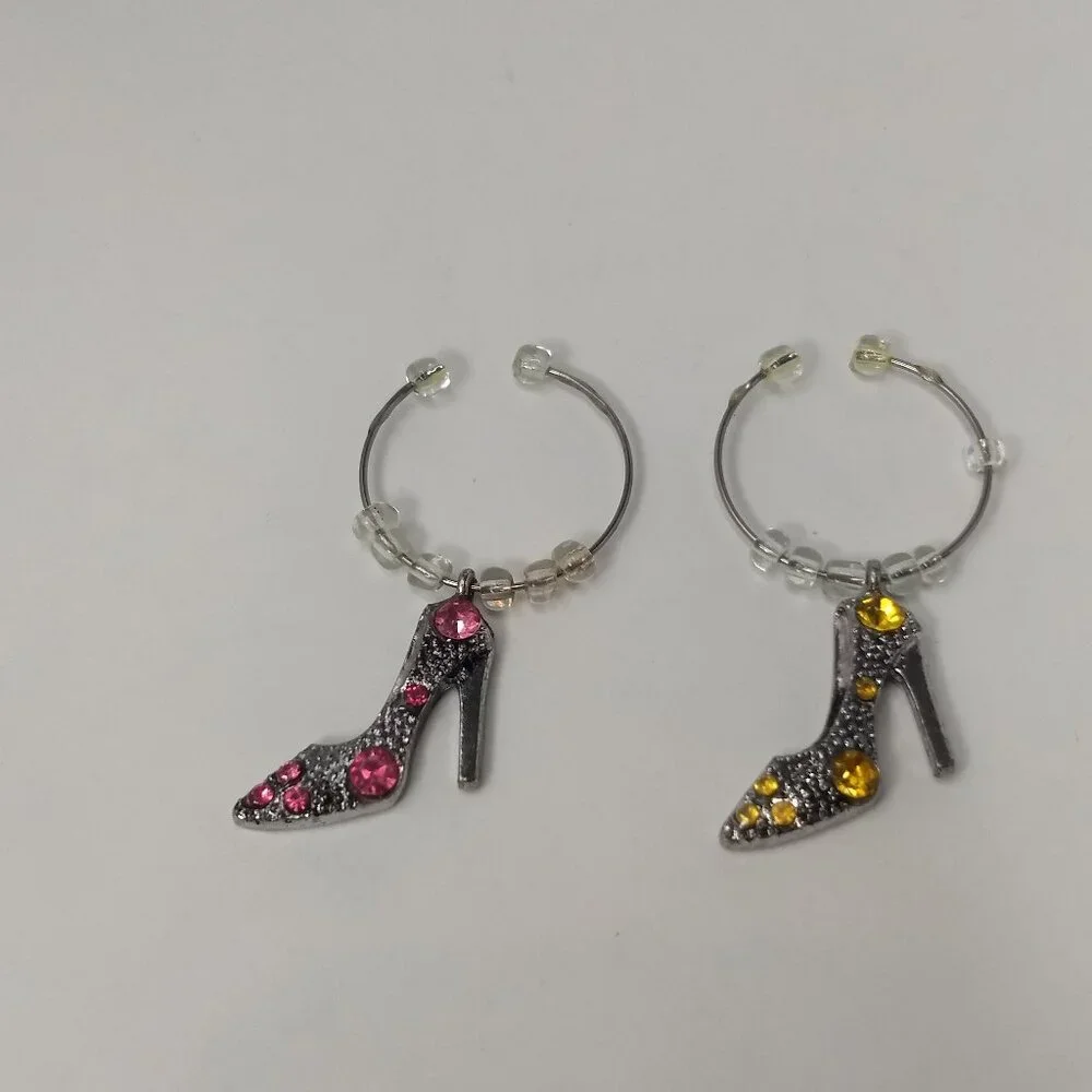 High Heel Bead Wine Glass Charms Set 4 Multicolor Silver Tone Dazzling Divas